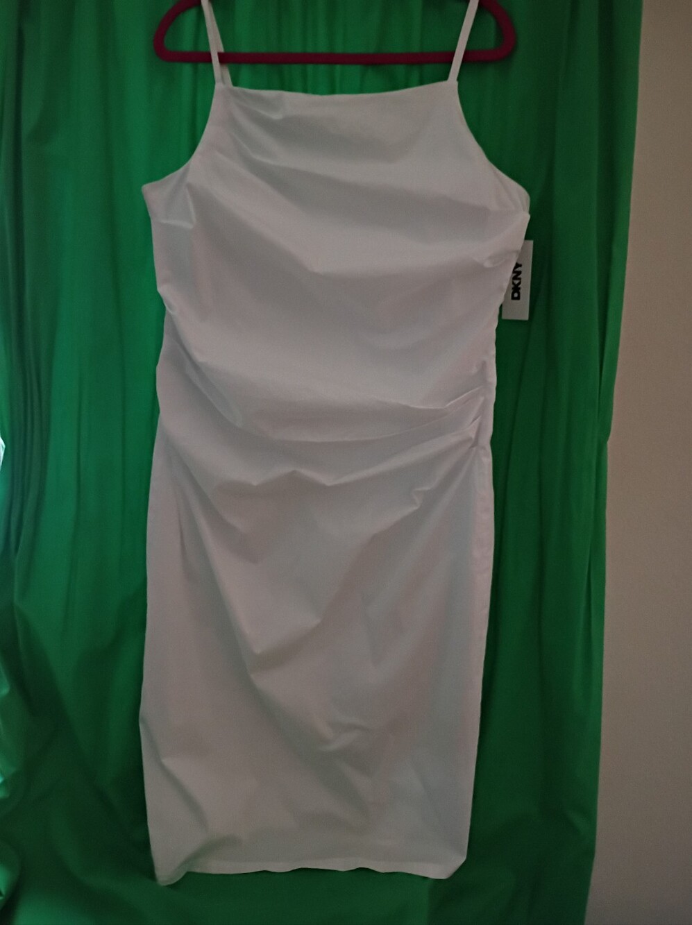 NWT DKNY 14 White Cotton Dress Ruched Stretch Lined Spaghetti Straps Back Slit